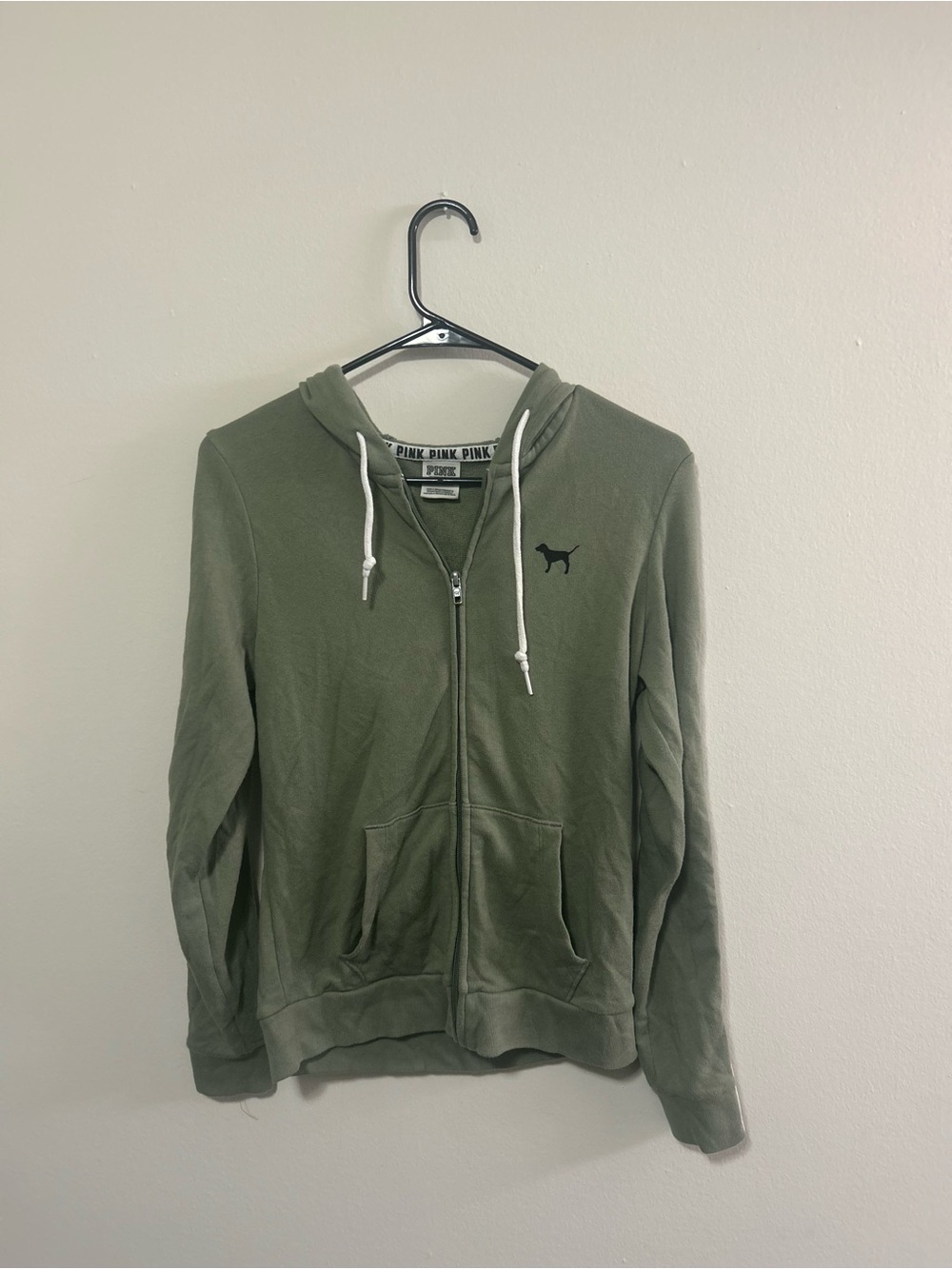 PINK Victoria's Secret Olive Zip-Up Hoodie with Dog Emblem